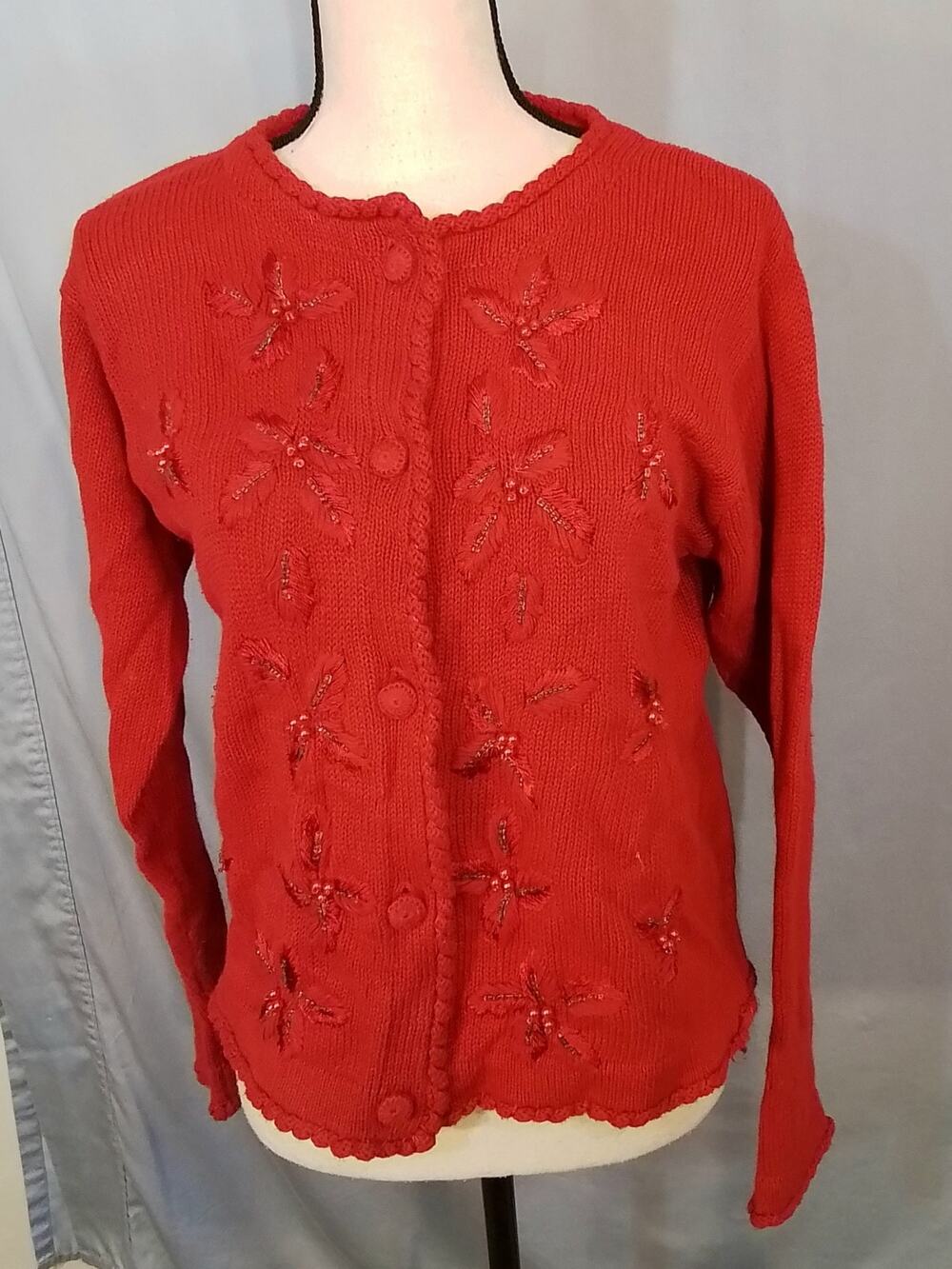 Victoria Jones petite; red sweater with flowers